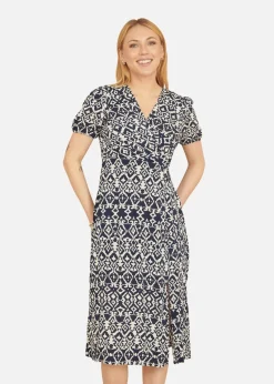 Yumi Navy Ikat Print Midi Dress With Split Hem