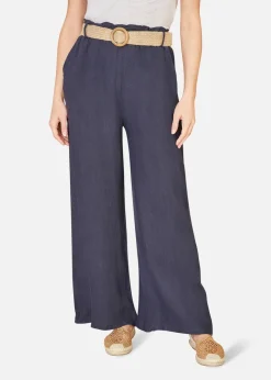 Yumi Navy Italian Linen Wide Leg Trousers With Belt