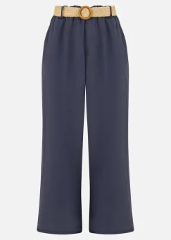 Yumi Navy Italian Linen Wide Leg Trousers With Belt