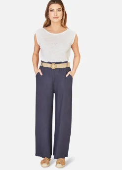Yumi Navy Italian Linen Wide Leg Trousers With Belt