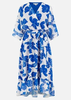Yumi Navy Kimono Sleeves Midi Dip Hem Wrap Midi Dress