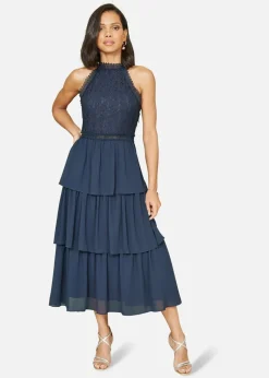 Yumi Navy Lace Halter Neck Midi Dress With Tiered Hem