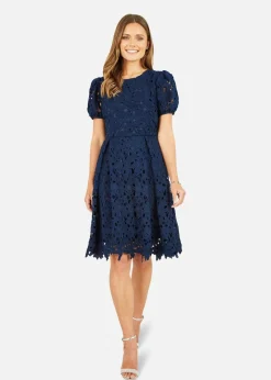 Yumi Navy Lace Skater Dress With Puff Sleeves