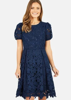 Yumi Navy Lace Skater Dress With Puff Sleeves