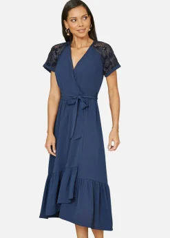 Yumi Navy Lace Sleeve Midi Wrap Over Dress