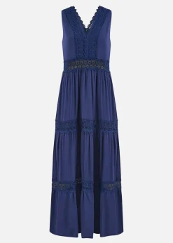 Yumi Navy Lace Trim Cotton Midi Sun Dress
