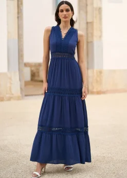 Yumi Navy Lace Trim Cotton Midi Sun Dress