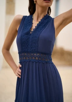 Yumi Navy Lace Trim Cotton Midi Sun Dress