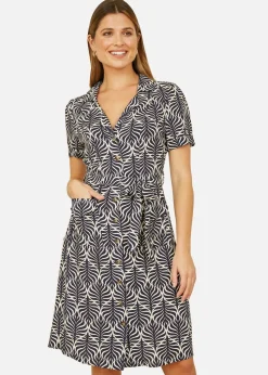 Yumi Navy Leaf Print Retro Shirt Dress