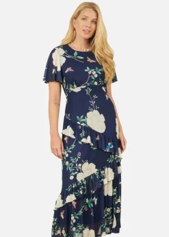 Yumi Navy Mesh Bird & Floral Print Midi Dress With Ruffles