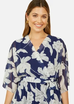 Yumi Navy Mesh Bird And Floral Print Midi Dress With Ruffles