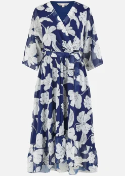 Yumi Navy Mesh Bird And Floral Print Midi Dress With Ruffles