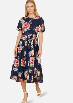 Yumi Navy Mesh Floral Print Midi Dress With Angel Sleeves