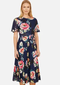 Yumi Navy Mesh Floral Print Midi Dress With Angel Sleeves
