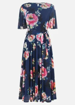Yumi Navy Mesh Floral Print Midi Dress With Angel Sleeves