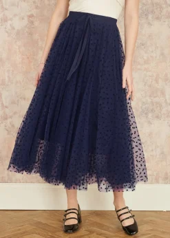 Yumi Navy Mesh Heart Print Tulle Skirt