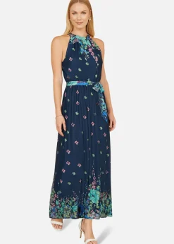 Yumi Navy Mirror Floral Print Maxi Halter Neck Dress