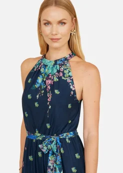Yumi Navy Mirror Floral Print Maxi Halter Neck Dress
