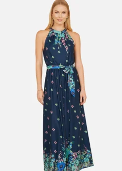 Yumi Navy Mirror Floral Print Maxi Halter Neck Dress