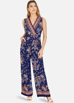 Yumi Navy Paisley Border Print Wrap Jumpsuit