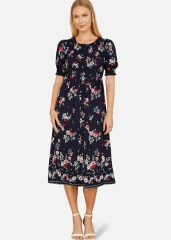 Yumi Navy Recycled Floral Ruched Midi Dress With Puff Sleeves