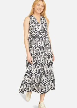 Yumi Navy Retro Print Relaxed Midi Dress