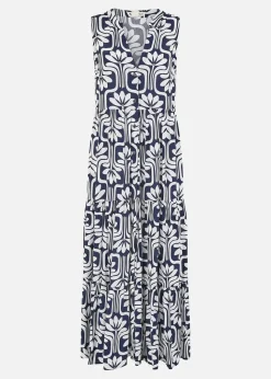 Yumi Navy Retro Print Relaxed Midi Dress