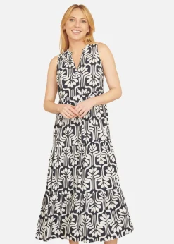 Yumi Navy Retro Print Relaxed Midi Dress