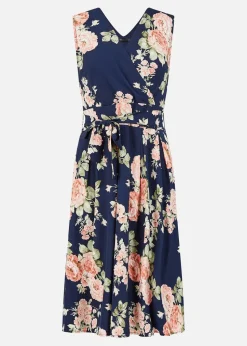 Yumi Navy Rose Printed Wrap Over Sleeveless Skater Dress