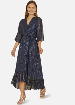 Yumi Navy Sequin Kimono Midi Wrap Dress