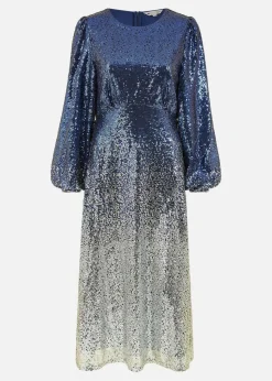 Yumi Navy Sequin Ombre Long Sleeve Midi Dress