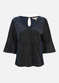 Yumi Navy Sparkle Velvet Relaxed Fit Top With Fluted Sleeves