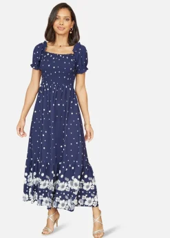 Yumi Navy Spot & Floral Print Border Ruched Midi Dress