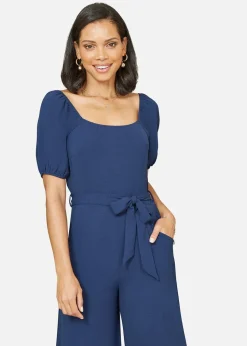 Yumi Navy Square Neck Puff Sleeve Culotte Jumpsuit