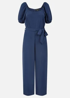Yumi Navy Square Neck Puff Sleeve Culotte Jumpsuit