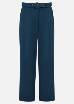 Yumi Navy Straight Leg Crepe Trousers With Belt
