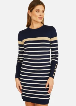 Yumi Navy Striped Knitted Dress With Button Cuff Detail