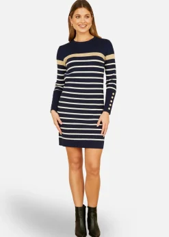 Yumi Navy Striped Knitted Dress With Button Cuff Detail