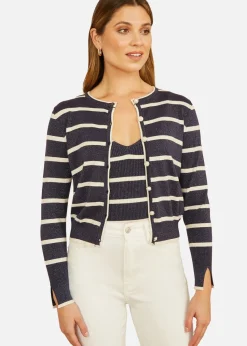 Yumi Navy Striped Sparkle Knitted Cardigan