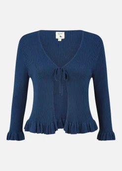 Yumi Navy Tie Up Ribbed Cardigan With Frill Hem