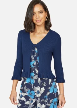 Yumi Navy Tie Up Ribbed Cardigan With Frill Hem