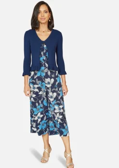 Yumi Navy Tie Up Ribbed Cardigan With Frill Hem