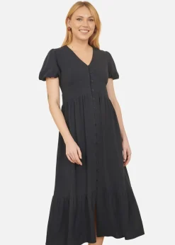 Yumi Navy Viscose Button Through Midi Dress