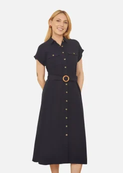 Yumi Navy Viscose Linen Look Midi Shirt Dress With Wooden Belt