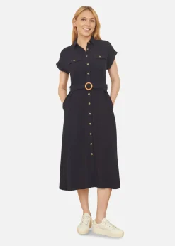 Yumi Navy Viscose Linen Look Midi Shirt Dress With Wooden Belt