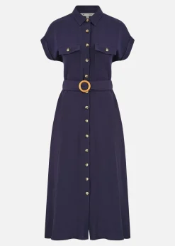 Yumi Navy Viscose Linen Look Midi Shirt Dress With Wooden Belt