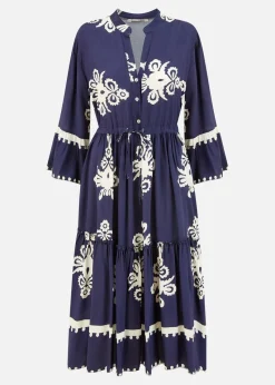 Yumi Navy Viscose Midi Dress With Long Sleeves