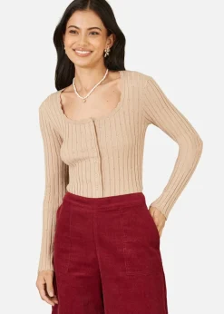 Yumi Oatmeal Fitted Rib Button Up Cardigan