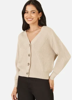 Yumi Oatmeal Relaxed Fit Cardigan With Stitch Detail