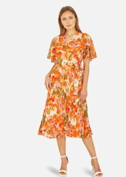Yumi Orange Floral Midi Wrap Pleated Dress